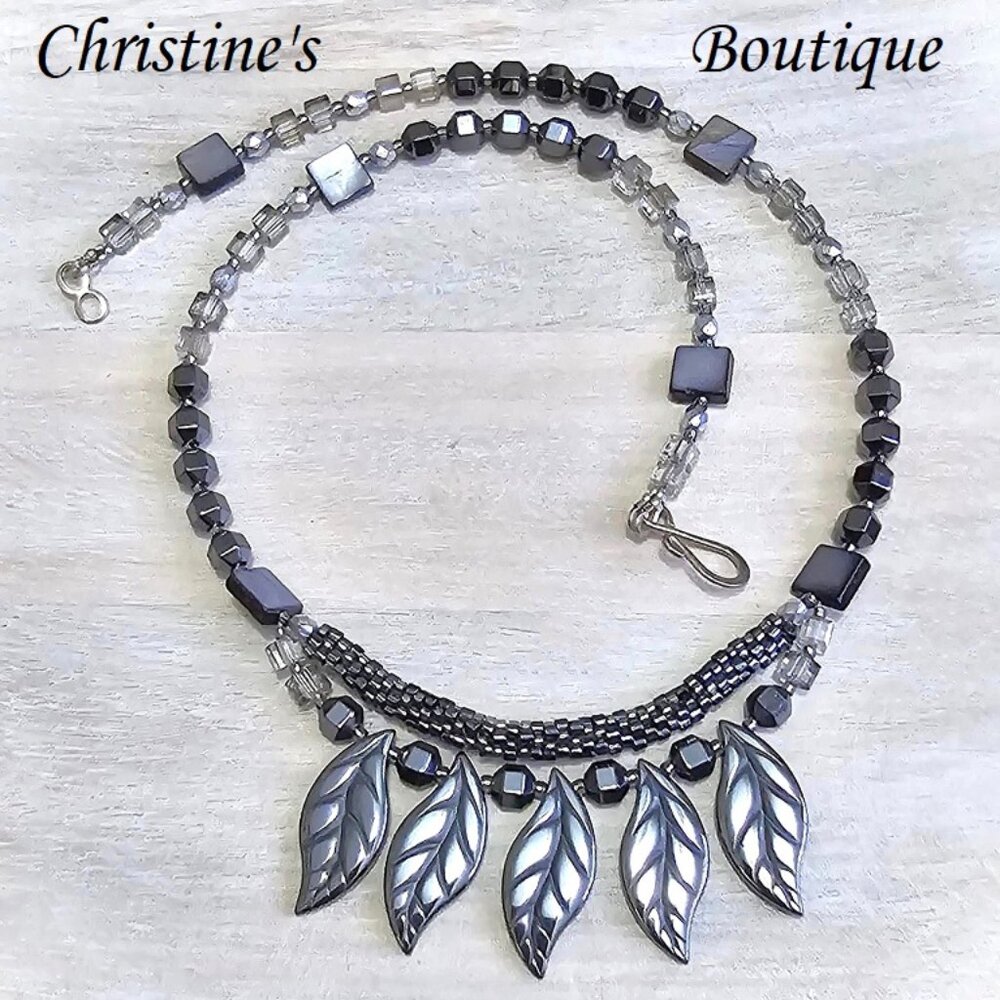 HandmadeHematite necklace, handcrafted necklace,hematite leaves, czech crystal